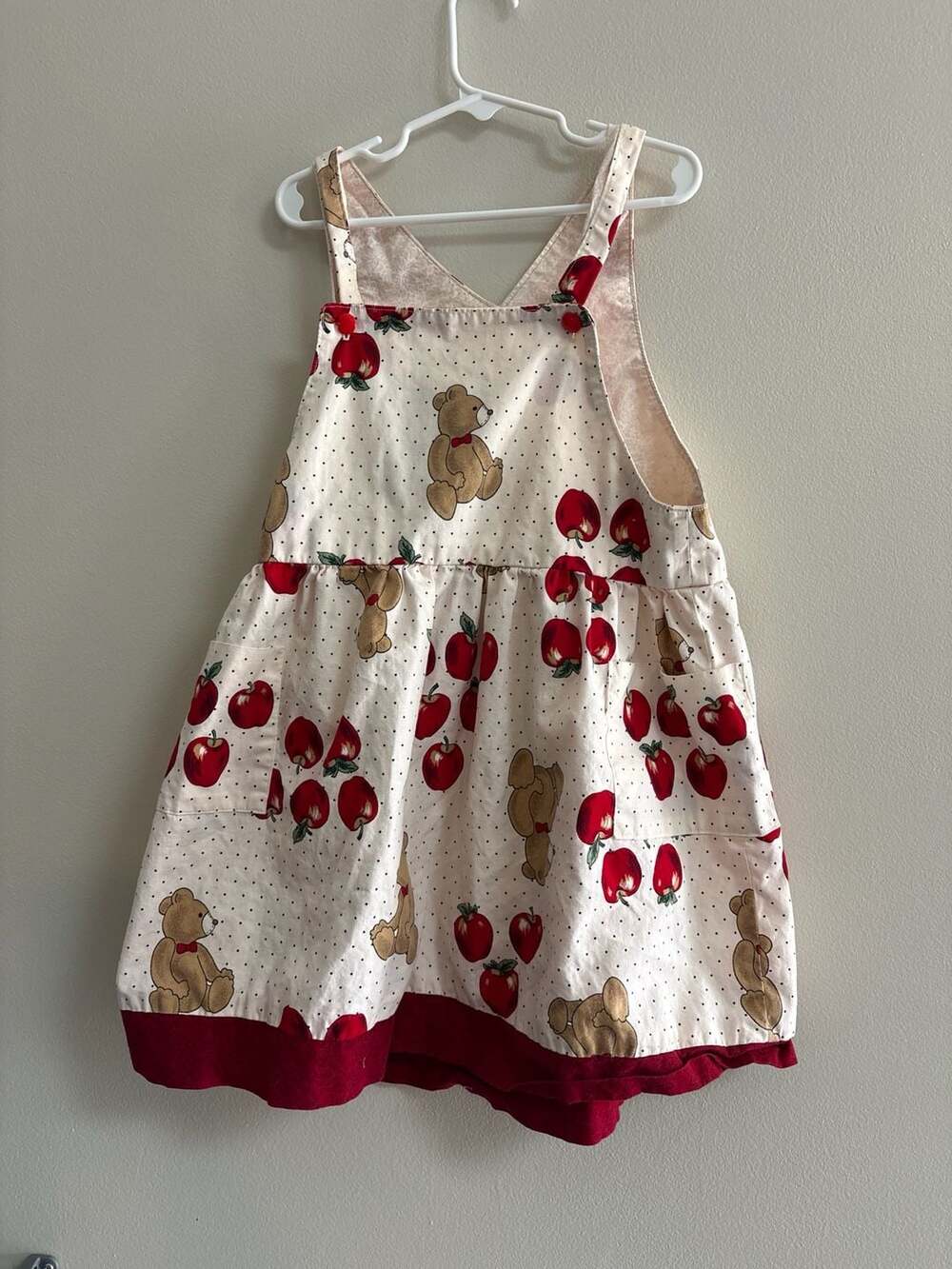 Vintage Handmade Toddler Pinafore Dress with Teddy Bear & Apple Print